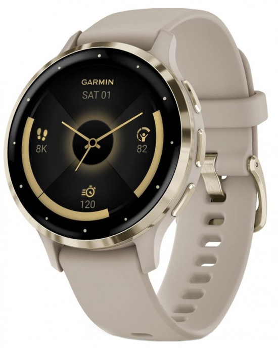 GARMIN VENU 3S FRENCH GRAY KAST EN SILICONE BAND MET SOFT GOLD BEZEL 50M - 82222 - 010-02785-02