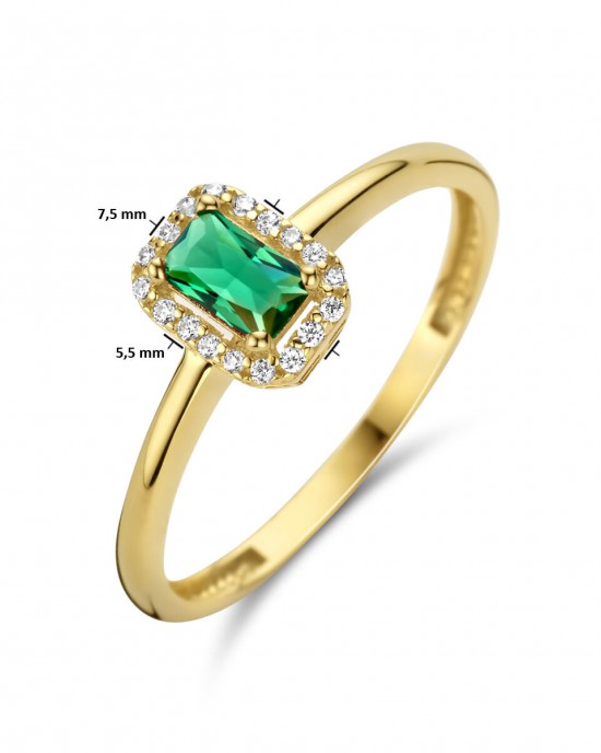 GOUDEN RING HALO MET EMERALD GESLEPEN GROENE ZIRCONIA TOPSTEEN IN VIERPOOTSCHATON ZETTING MET RONDOM WITTE ZIRCONIA'S MT52 - 82184 - 4025294-52-MT52