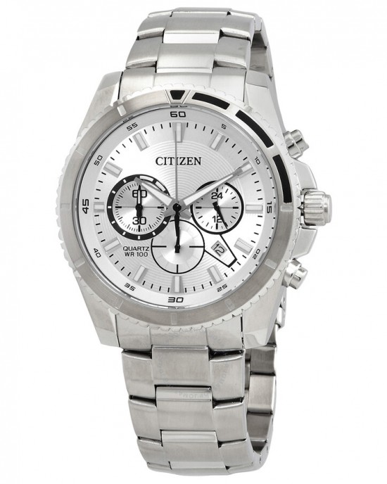 CITIZEN HORLOGE, STALEN BAND EN KAST MET WITTE CHRONO PLAAT MET DATUM 100M - 82248 - AN8200-50A