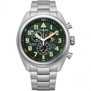 CITIZEN HORLOGE, ECO DRIVE, TITANIUM BAND EN KAST MET GROENE CHRONO PLAAT EN DATUM MET SAFFIERGLAS 43MM 100M - 82981 - AT2480-81X