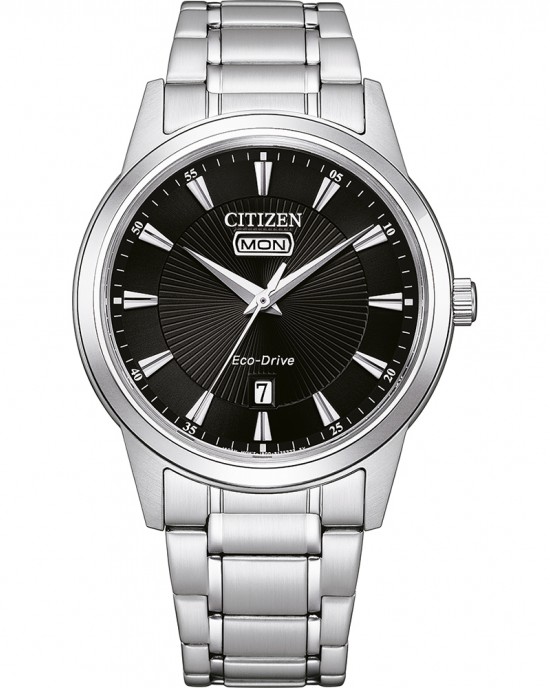 CITIZEN HORLOGE, SPORT, ECO DRIVE, STALEN BAND EN KAST MET ZWARTE PLAAT EN DAG/DATUM AANDUIDING 30M - 81387 - AW0100-86EE