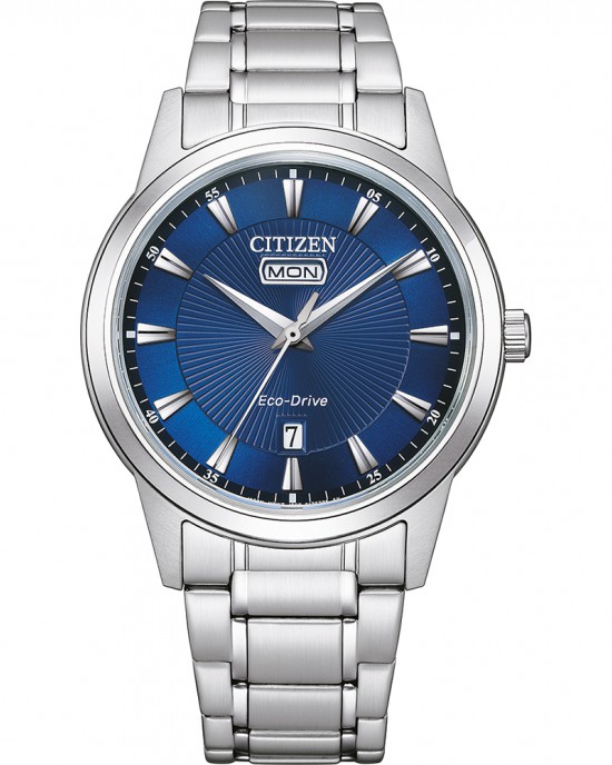 CITIZEN HORLOGE, SPORT, ECO DRIVE, STALEN BAND EN KAST MET BLAUWE PLAAT EN DAG/DATUM AANDUIDING 30M - 81460 - AW0100-86LE