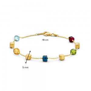 GOUDEN ARMBAND MET VIERKANT GESLEPEN EDELSTENEN 19CM (Topaas, citrien, peridot, granaat en london blue topaas) - 83063 - AW137409