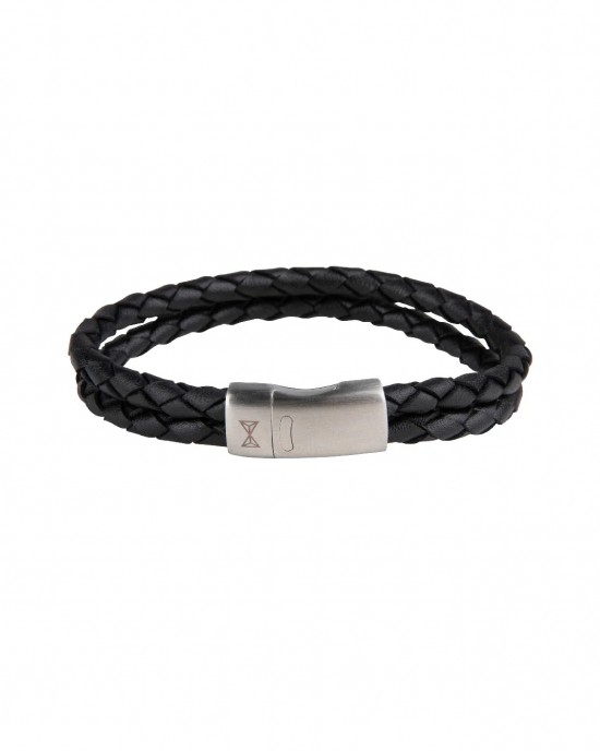 AZE JEWELS LEREN ARMBAND 2 STRENGEN GEVLOCHTEN ZWART LEER MET STALEN SLUITING 21CM - 82865 - AZ-BL006-A-210