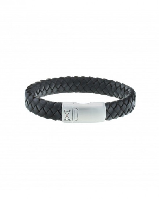 AZE JEWELS LEREN ARMBAND GEVLOCHTEN ZWART LEER MET STALEN SLUITING 19.5CM - 81900 - AZ-BL008-A-195