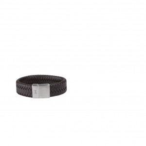 AZE JEWELS LEREN ARMBAND GEVLOCHTEN BRUIN LEER MET STALEN SLUITING 22.5CM - 82870 - AZ-BL012-B-225