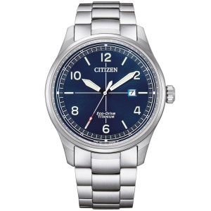 CITIZEN HORLOGE, ECO DRIVE, TITANIUM BAND EN KAST MET BLAUWE PLAAT MET CIJFERS EN DATUM 42MM 100M - 83057 - BM7570-80L