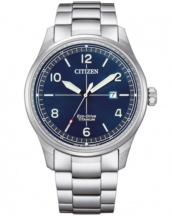 CITIZEN HORLOGE, ECO DRIVE, TITANIUM BAND EN KAST MET BLAUWE PLAAT MET CIJFERS EN DATUM 42MM 100M - 83057 - BM7570-80L