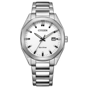 CITIZEN HORLOGE, ECO DRIVE, STALEN BAND EN KAST MET SCHROEFKROON, WITTE PLAAT MET DATUM 100M - 83310 - BM7620-83A