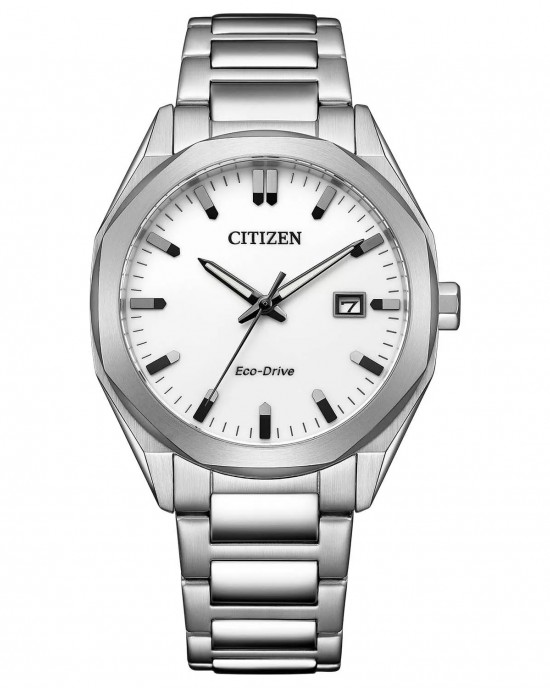 CITIZEN HORLOGE, ECO DRIVE, STALEN BAND EN KAST MET SCHROEFKROON, WITTE PLAAT MET DATUM 100M - 83310 - BM7620-83A