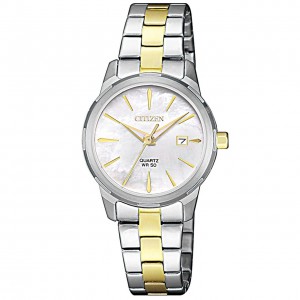 CITIZEN HORLOGE BICOLOR STALEN BAND EN KAST, WITTE PLAAT MET DATUM EN DOUBLE INDEXEN 28MM 50M - 82984 - EU6074-51D