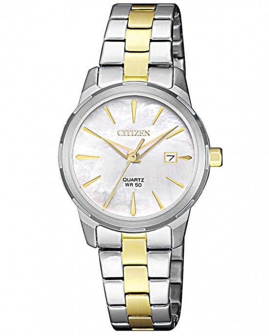 CITIZEN HORLOGE BICOLOR STALEN BAND EN KAST, WITTE PLAAT MET DATUM EN DOUBLE INDEXEN 28MM 50M - 82984 - EU6074-51D