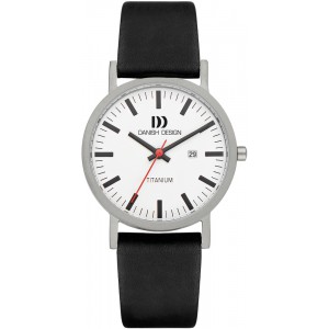 DANISH DESIGN HORLOGE "RHINE"  ZWART LEREN BAND, TITANIUM  KAST EN WITTE PLAAT MET DATUM 30M - 82971 - IQ12Q1273