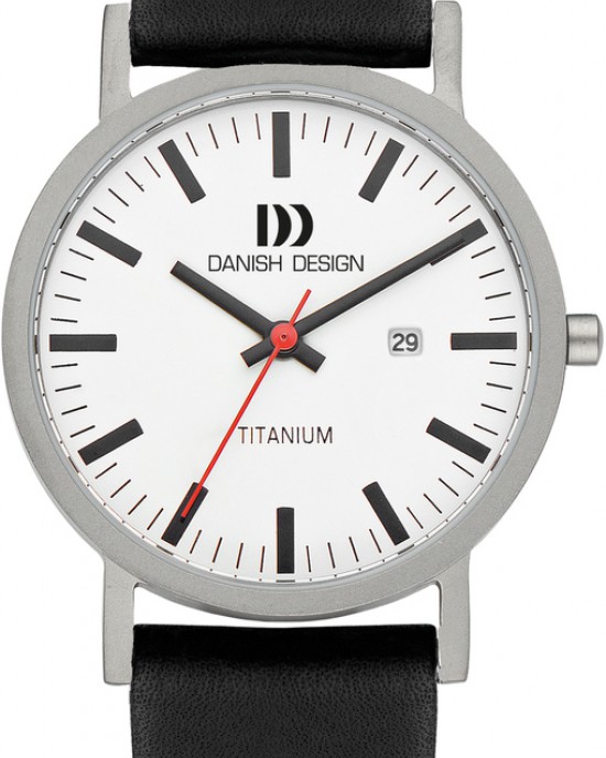 DANISH DESIGN HORLOGE "RHINE"  ZWART LEREN BAND, TITANIUM  KAST EN WITTE PLAAT MET DATUM 30M - 82971 - IQ12Q1273