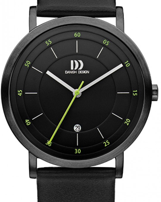 DANISH DESIGN HORLOGE ZWART LEREN BAND EN ZWART STALEN KAST  MET ZWARTE PLAAT EN GROENE CIJFERS MET DATUM 30M - 81487 - IQ28Q1152