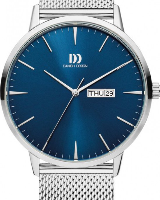 DANISH DESIGN HORLOGE "AKILIA" STALEN MILANEESE BAND EN KAST, BLAUWE PLAAT MET DAG/DATUM AANDUIDING 30M - 82974 - IQ68Q1267