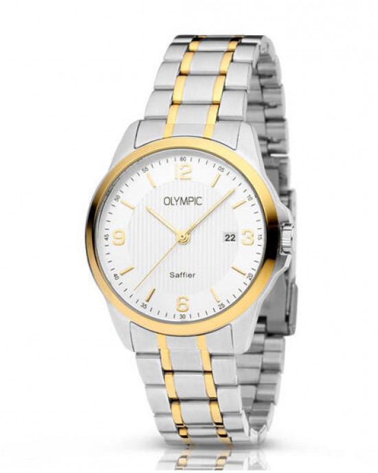 OLYMPIC HORLOGE, THOMAS, BICOLOR STALEN BAND EN KAST, WITTE PLAAT EN DATUM 100M - 81032 - OL26HSS303B