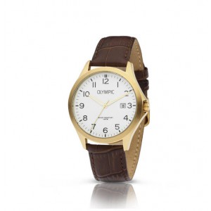 OLYMPIC HORLOGE "ROBIN" BRUIN LEREN BAND EN DOUBLE KAST, WITTE PLAAT MET CIJFERS EN DATUM 40MM 100M - 81569 - OL72HDL002