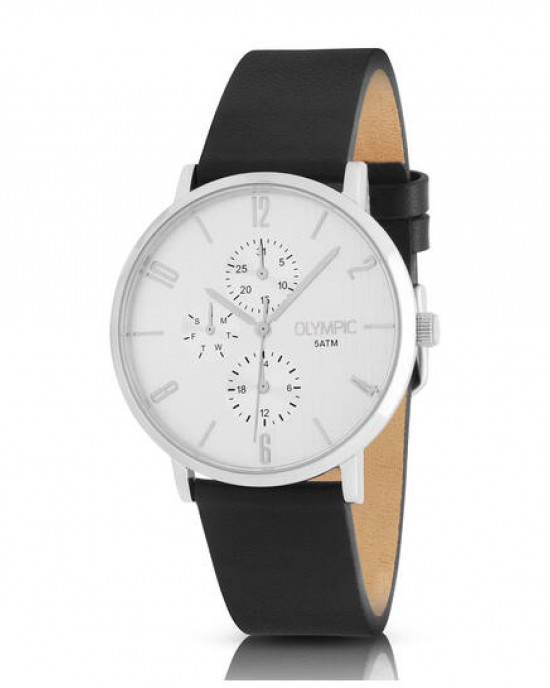 OLYMPIC HORLOGE "TOBIAS"  ZWART LEREN BAND EN STALEN KAST, WITTE CHRONO PLAAT 40MM 50M - 82243 - OL89HSL057