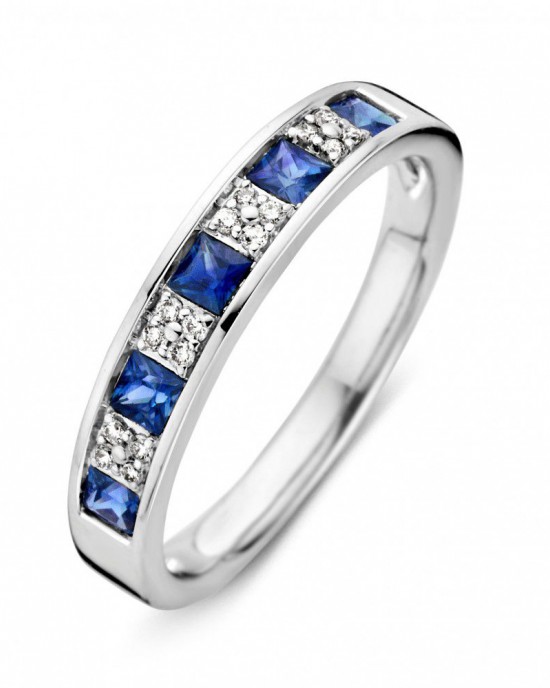 EXCELLENT WITGOUDEN RING MET 0.08CT H/Si BRILJANT EN 0.54CT VIERKANT BLAUW SAFFIER MT56 - 80444 - RG215597-56-MT56