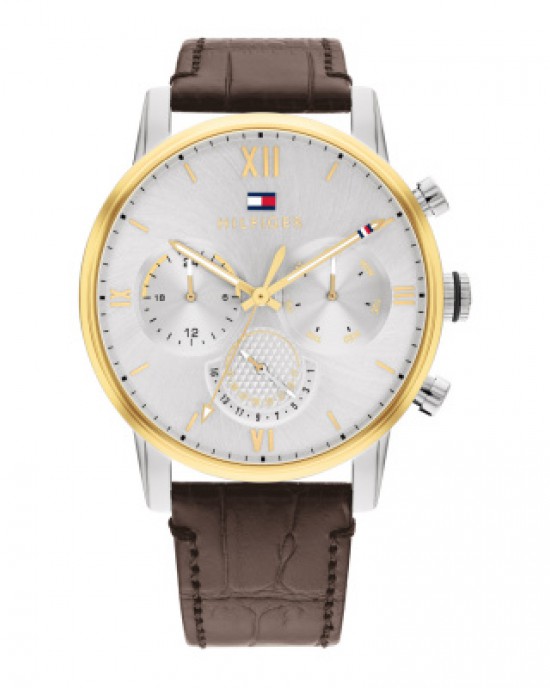 TOMMY HILFIGGER HORLOGE "SULLIVAN" BRUIN LEREN BAND EN BICOLOR KAST , ZILVER KLEURIGE PLAAT 50M - 80778 - TH1791884