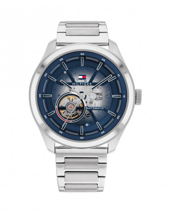 TOMMY HILFIGGER HORLOGE "OLIVER" STALEN BAND EN KAST , BLAUW KLEURIGE OPENGEWERKTE PLAAT 50M - 80980 - TH1791939