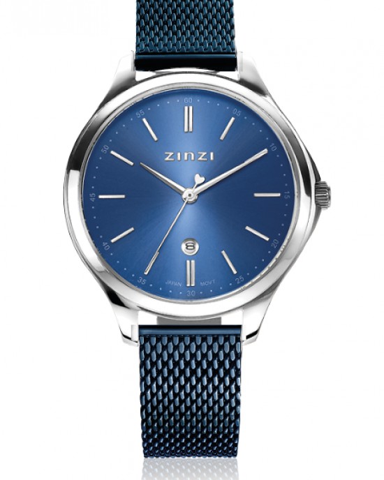 ZINZI HORLOGE STALEN CLASSY  BLAUW MILANESE BAND EN STALEN KAST MET BLAUWE  PLAAT 30M - 81922 - ZIW1042BM